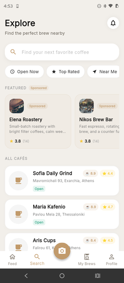 Explore screen with map and nearby cafes