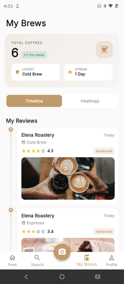 My Brews screen showing coffee timeline